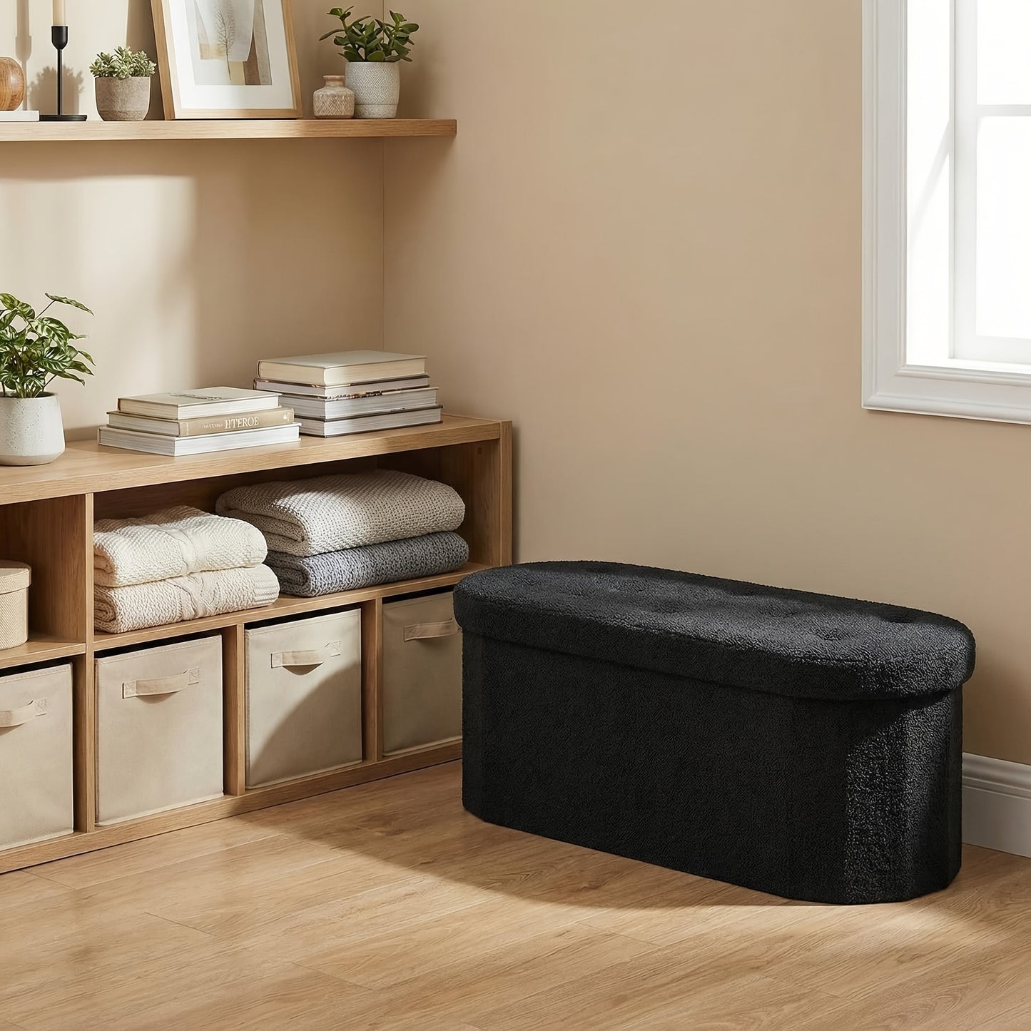 Folding Storage Ottoman Bench, 30/43 Inches Oval Round Foot Rest Stool, Cushioned Seat with Storage Chest, 250 Lb Capacity for Living Room
