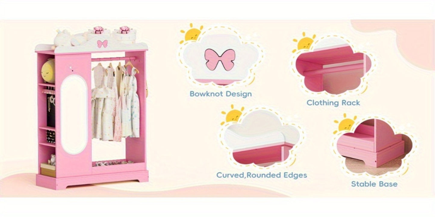 Kids Armoire with Jewelry Cabinet, Kids Dress Up Storage wth Shelves, Girls Wardrode Costume Organizer with Mirror, Children Closet with Armoire for Bedroom, Kids Room, Girls, Kids Room Furniture, Bedroom Storage, Stylish Kids Wardrobe, Playful Design, Ha