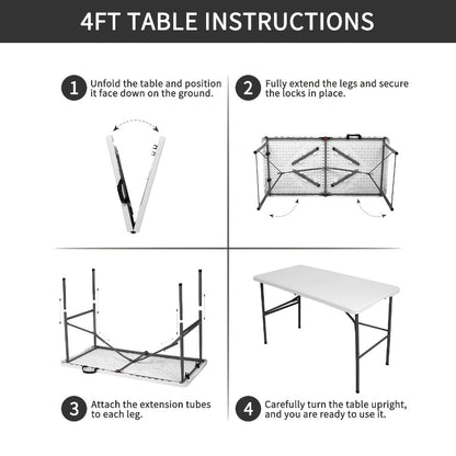 Plastic Folding Table Rectangular 4ft 6ft Center-Fold Portable Table with Carrying Handle for BBQ Camping Party Picnic Indoor Outdoor Lightweight Utility Table Seats 4-8