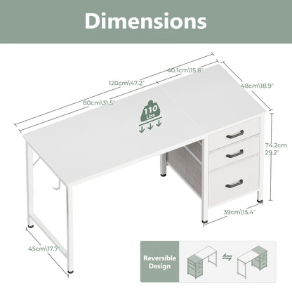 Home Office Computer Desk with 3 Fabric Drawers And File Cabinet, Writing Study Table with Storage Bag And Hook for Small Space, 40/48 Inch, White/Black/Vintage