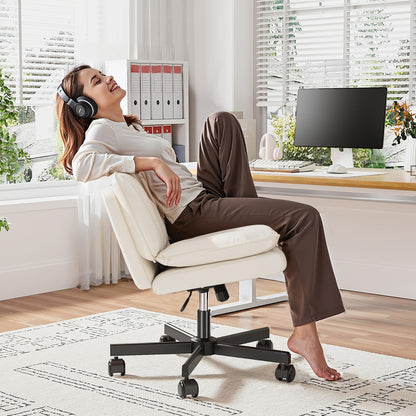 27" W Criss Cross Chair With Wheels, Cross Legged Office Chair, Comfy Vanity Chairs With Wheels And Back, Swivel Armless Office Chairs, 2-Layer Cushion, Height Adjustable, Home Office