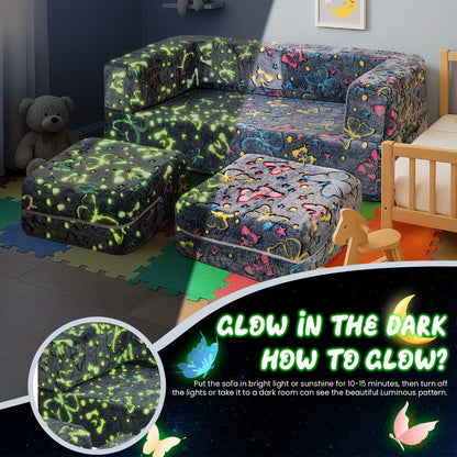 Folding Sofa Bed with LED Lights Multifunctional Convertible Sofa Cushion Floor Couch for Game Room Bedroom Living Room, Luminous Lazy Sofa Sleeper Chair Fold Out Bed
