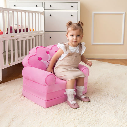 2-in-1 Kids Sofa Lounger with Pillow and Armrests Foldable Toddler Couch Memory Foam Plush Machine Washable Cover Kids Room Seating Pink Purple Blue Holiday Gift