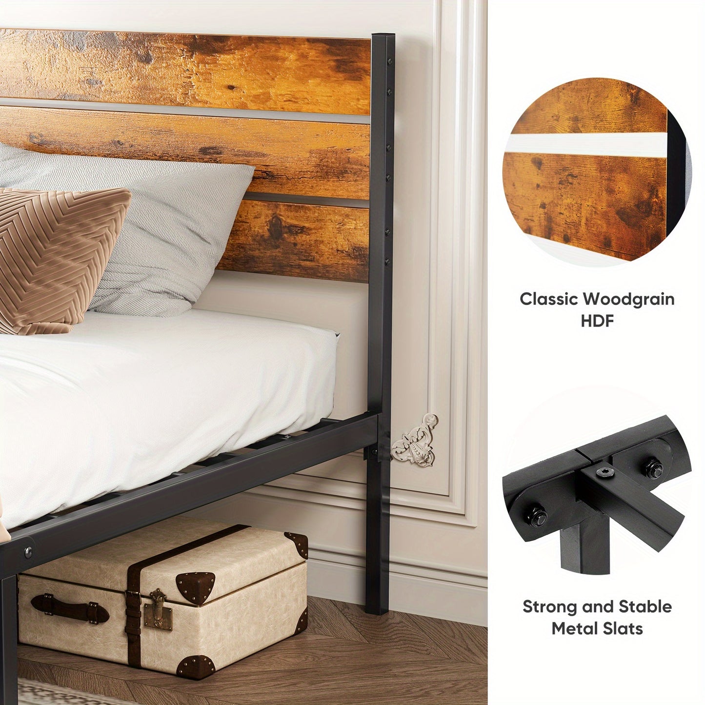 Metal Frame Bed Frame with Headboard, No Box Spring, Features Sturdy Wood Slats to Support 800 Lbs, Can Be Purchased Separately Or with a 2pcs Bedside Organizer (Fabric Drawer with 2 Storage Unit Compartments), Suitable for Bedroom, Living Room
