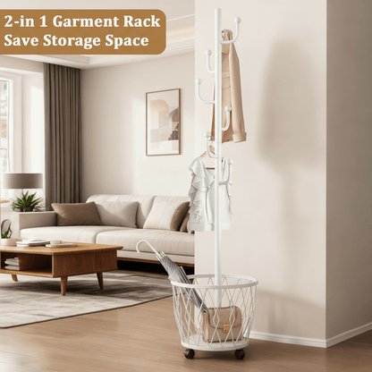 2-in-1 Heavy-Duty Freestanding Rolling Coat Rack with Storage Basket - Mobile Garment Hanger Suitable for Entryway, Bedroom, Living Room, Bathroom - Space-Saving Organizer with Round Hooks & Wheels, Multi-Room Furniture for Mother's Day Gifts