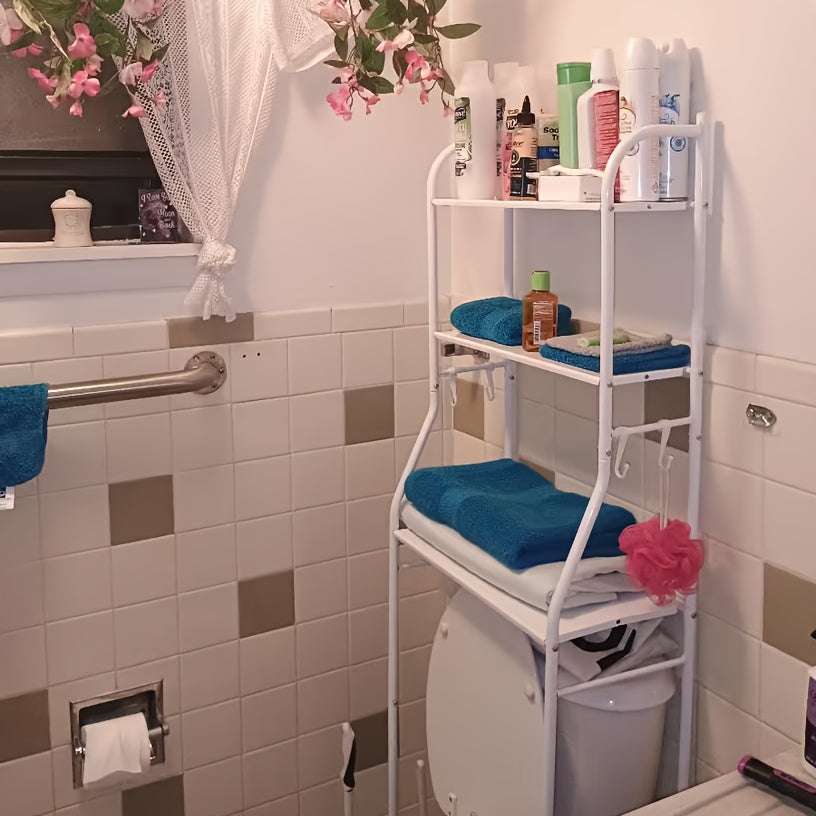 1pc Space-Saving Over The Toilet Storage Shelf, 3-Tier Freestanding Metal Frame Over-The-Toilet Storage Cabinet with Roll Paper Holder And Hooks, Easy Assembly No Drilling Required, for Toilet Washing Machine Small Bathrooms, White/Black