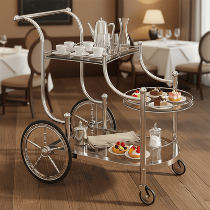 3-Tier Rolling Bar Cart, Mobile Serving Cart with Mirrored Glass Shelves & Wheels, Home Bar Beverage & Wine Cart for Dining Room, Living Room, Kitchen, Silvery, Bar Cart with Wheels, Home Entertaining, Party Serving Cart, Vintage Bar Cart