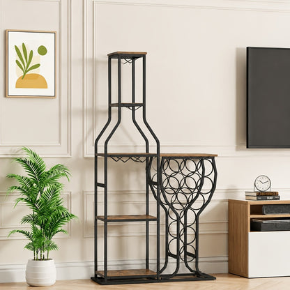 Wine Rack with Hanging Glass Holder & Storage Shelves - 5-Tier Freestanding Baker's Rack for Kitchen, Dining Room & Home Bar, Holds 11 Bottles