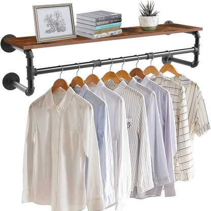 AESOME 39.3''L Industrial Pipe Clothes Rack with Top Shelf And 3 Hooks Wall Mounted Garment Rack Heavy Duty Detachable Multi-Purpose Hanging Rod for Closet Storage