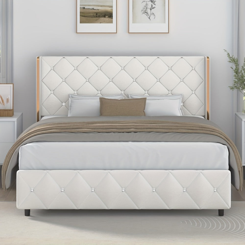 Diamond Tufted Bed Frame with Wingback Headboard & Silvery Side Wings – Upholstered, No Box Spring, Twin Full Queen King, 6 Colors