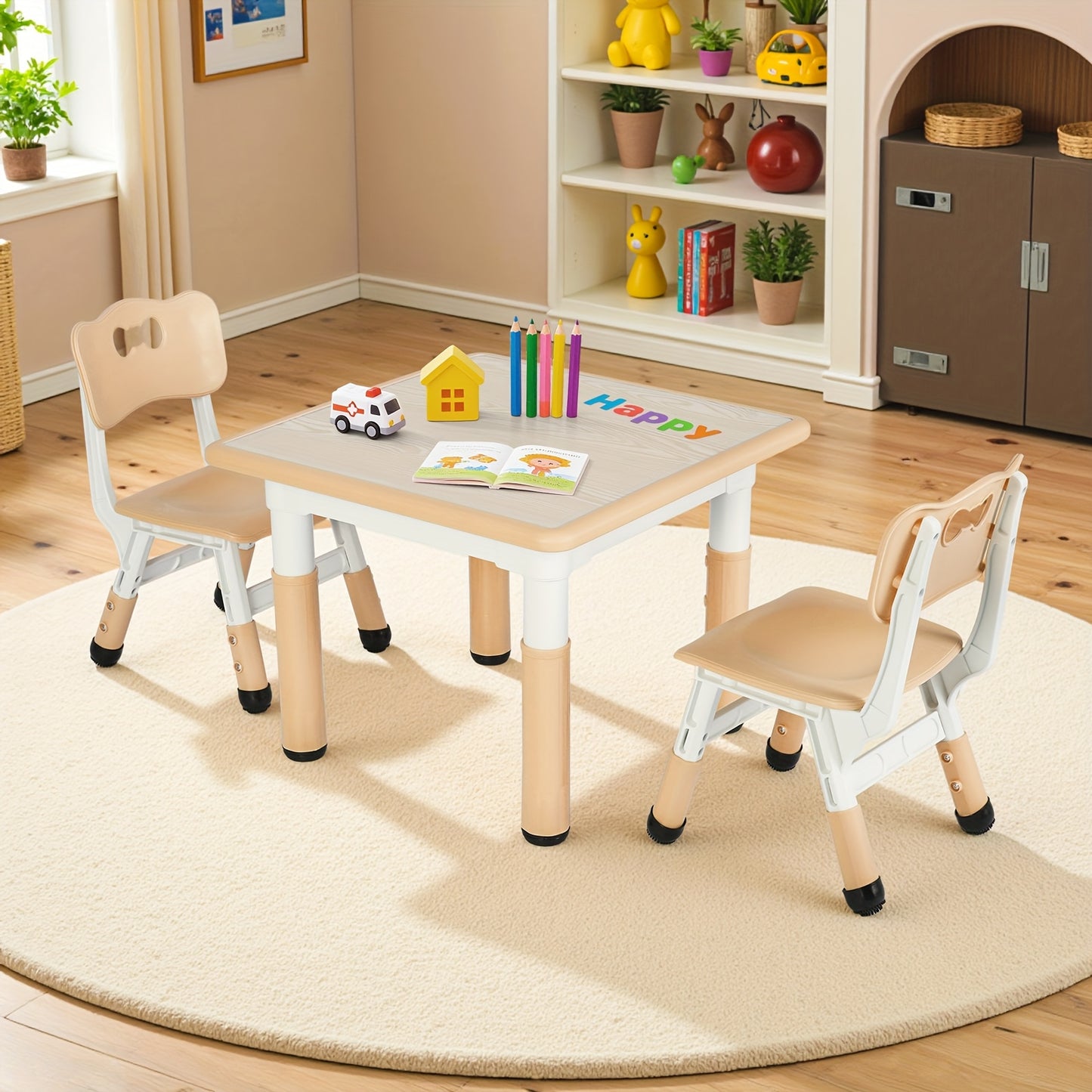 LIFERUN Adjustable Height Kids Table and Chair Set with Non-Slip Legs & Easy-Clean Surface - 23.6" Long x 23.6" Wide, Beige Plastic Construction, Daycare, Home - Ideal For Boys & Girls, Kids Table And Chairs, Height Adjustable Table And Chair Set