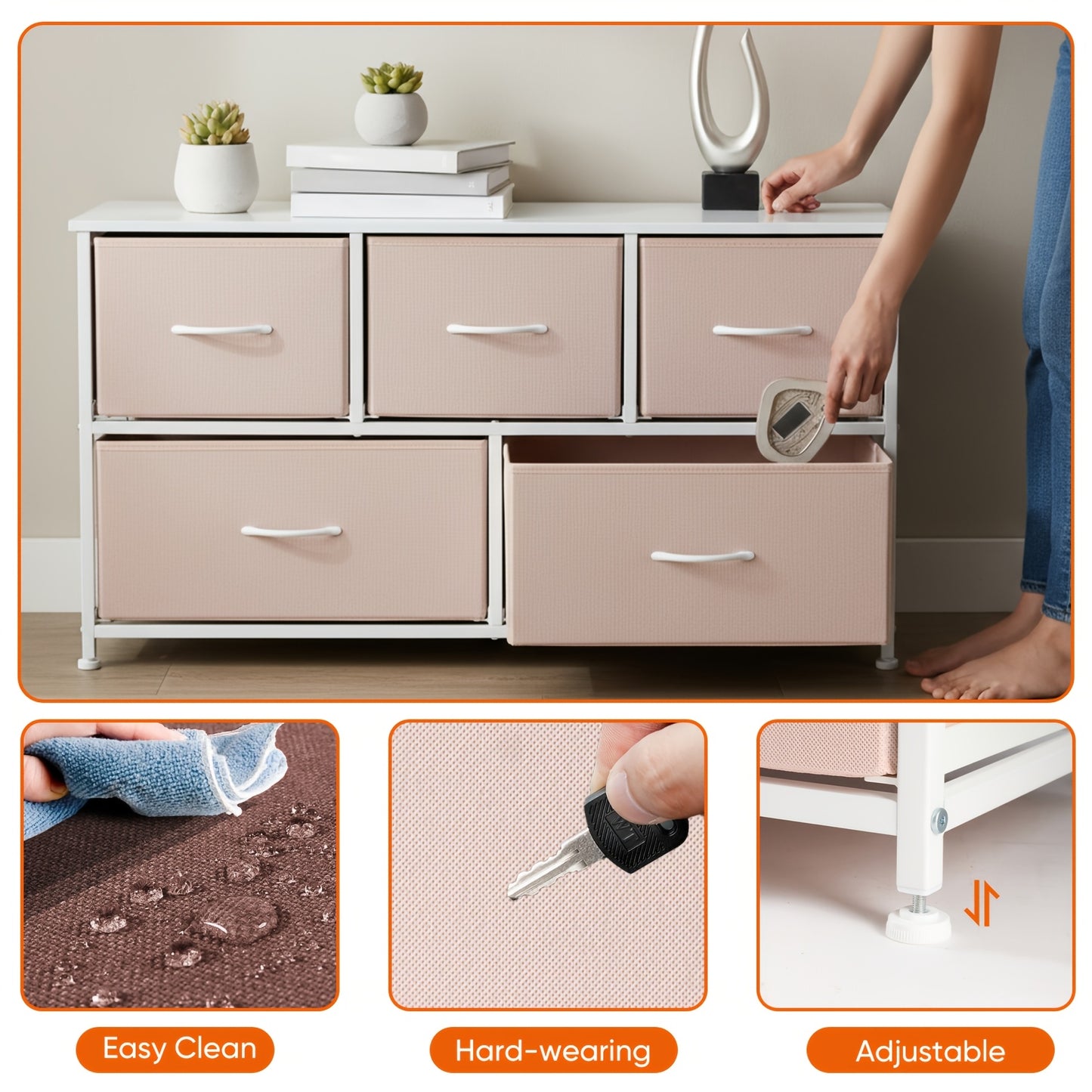 5-Drawer Dresser for Bedroom, Wide Fabric Storage Chest with Drawer Organizer & 2 Fabric Bins, Organizer Unit for Closet, Living Room, Hallway