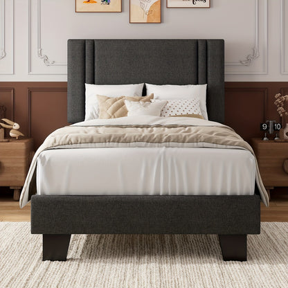 Platform Bed Frame with 21 Inch Soft Padded Headboard Striped or Button Tufted Solid Wood Slats Art Legs Twin Full Queen Black Linen Dark Grey White Velvet