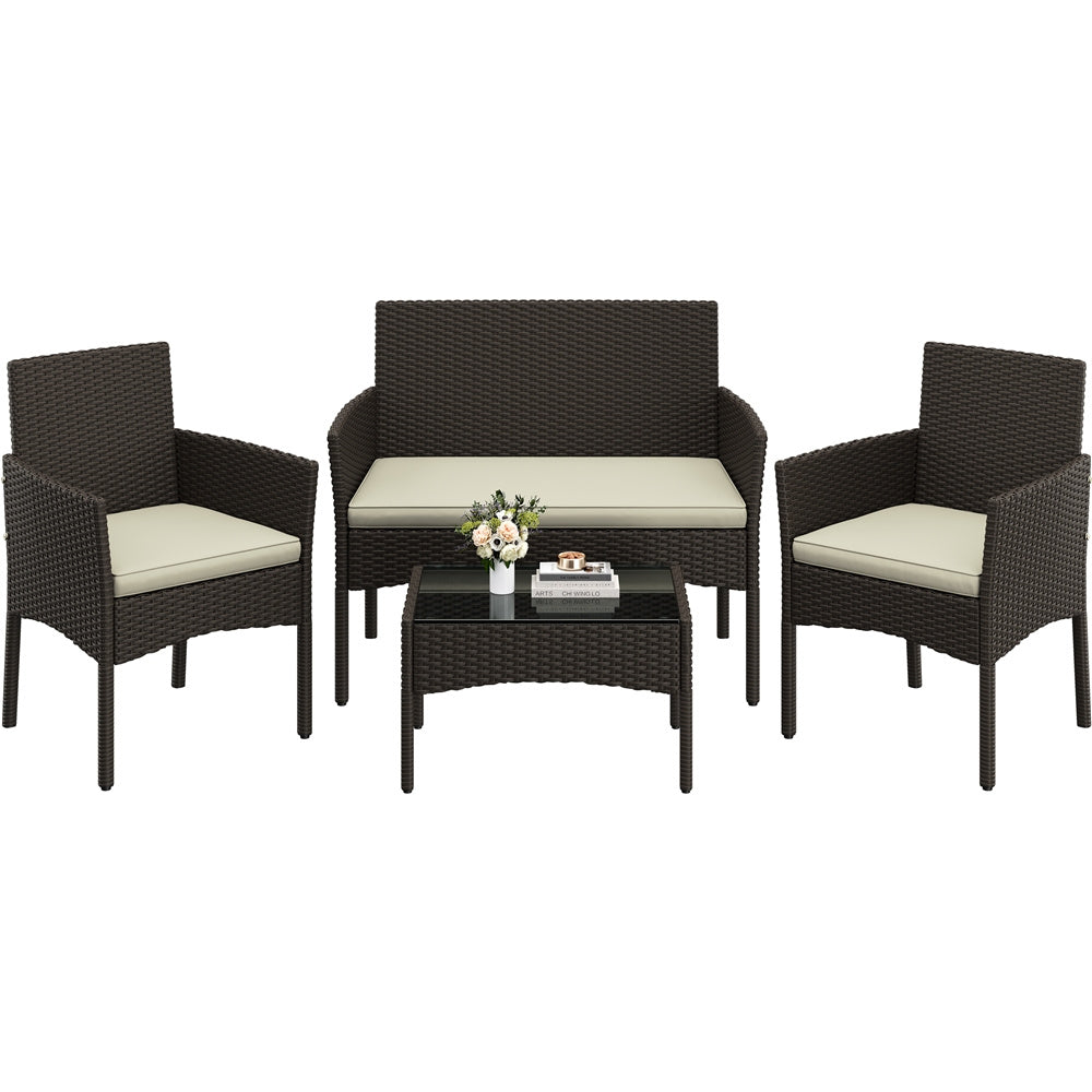 Costoffs Patio Furniture Set 4 Pieces Conversation Sets, Rattan Chair Wicker Set Loveseat with Soft Cushion and Glass Table Halloween Patio Furniture for Backyard Porch Garden Poolside Balcony