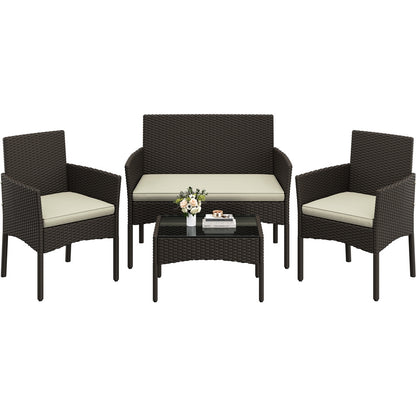 Costoffs Patio Furniture Set 4 Pieces Conversation Sets, Rattan Chair Wicker Set Loveseat with Soft Cushion and Glass Table Halloween Patio Furniture for Backyard Porch Garden Poolside Balcony