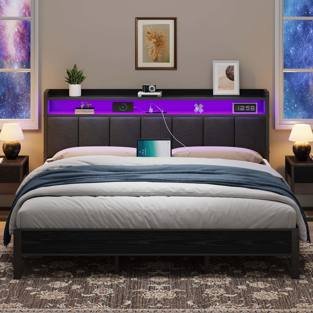 Bed Frame with Storage Headboard LED Lights and Charging Station Twin Full Queen King Heavy Duty Metal Slatted Base No Box Spring White Grey Cream