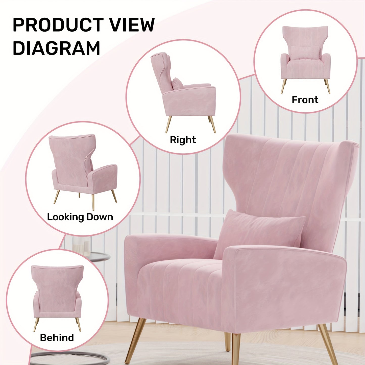 Velvet Accent Chair Wingback for Living Room, High Back Arm Chair with Golden Legs Lumbar Pillow, Upholstered Single Sofa Bedroom, Local Warehouse.
