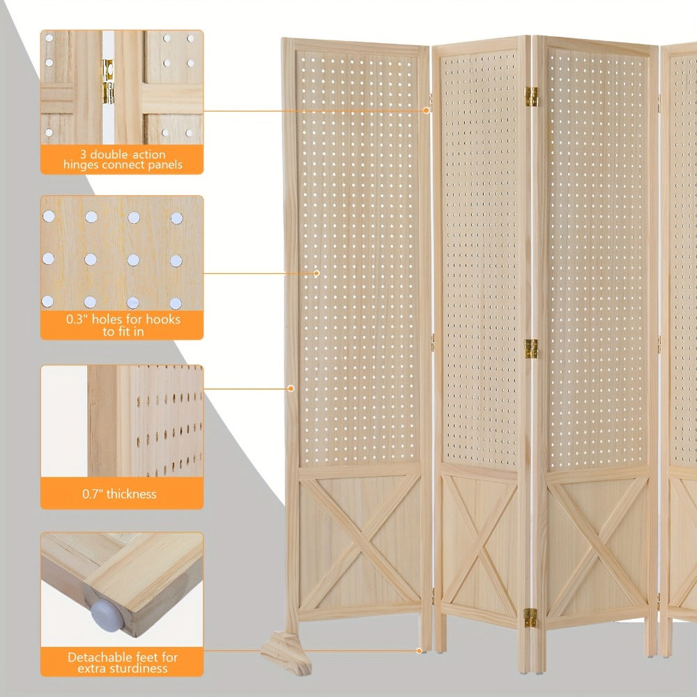Freestanding Pegboard Room Divider Folding Privacy Screen 4 or 6 Panel Wood MDF Partition Space Separator for Home Office Events Retail Display Natural White Black