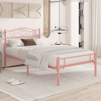 Metal Platform Bed Frame with Headboard and Footboard Steel Slat Support No Box Spring Needed Noise Free - Twin Full Queen Sizes for Bedroom Guest Room Dorm | Black White Gold Pink