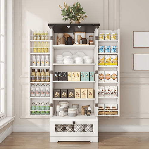 55'' Pantry Cabinet, Kitchen Pantry Storage Cabinet With Adjustable Shelves And Drawer, Wooden Kitchen Storage Cabinet, Buffet Cupboards Cabinet For Kitchen, Living Room, Bathroom, Dining Room