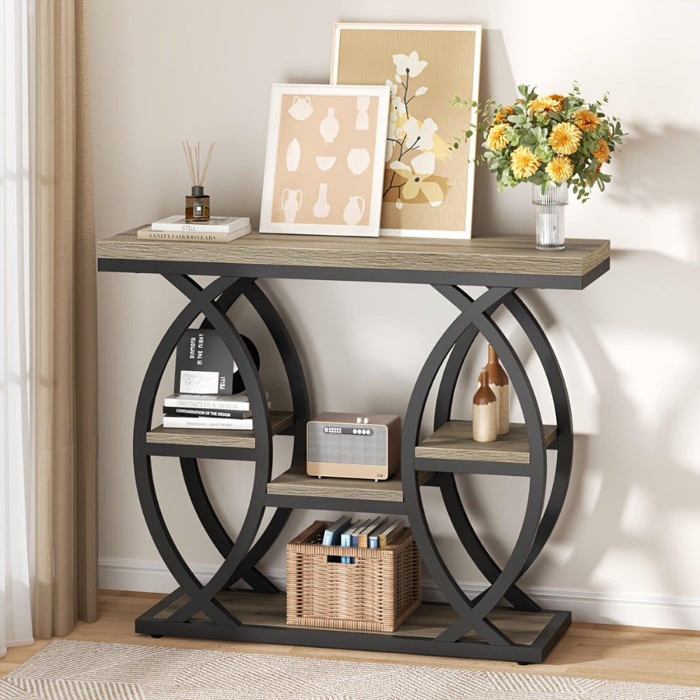 Console Table 39 Inch with 4-Tier Storage Shelves, Narrow Entryway Sofa Table Wood & Metal Frame for Hallway, Living Room & Small Spaces
