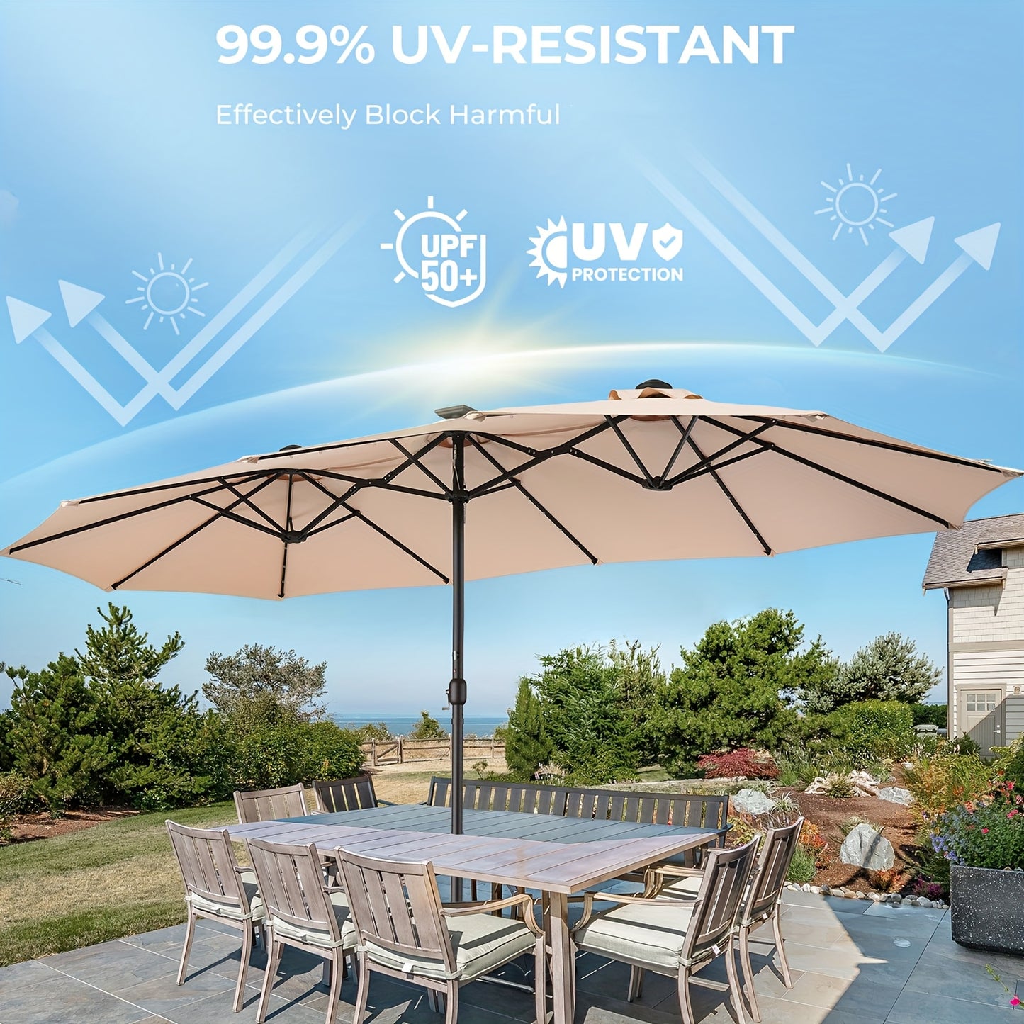 15Ft Outdoor Double-Sided Patio Umbrella with Base And 48 Solar LED Lights Lit, 10 Hours of Lighting, Large Patio Umbrella with Crank Handle, Market Table Umbrella, Strong UV Protection, 12 Heavy-Duty Ribs, for Lawn Garden, Deck, Poolside