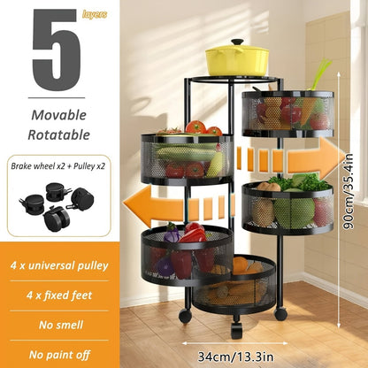 5-Tier Rotating Storage Cart with Wheels – 360° Spinning Round Iron Organizer, No Assembly, Space-Saving Rack for Kitchen, Office & Living Room