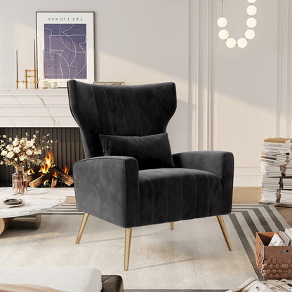Velvet Fabric Upholstered Reading Comfy Mid Century Modern Armchair with Metal Legs And Spring Support, Accent Chair for Living Room