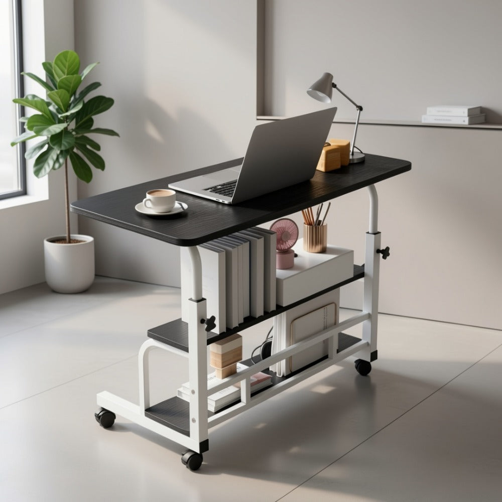 Adjustable Height Mobile Computer Desk with Double-Layer Storage, Wheels & Space-Saving Design – Portable Laptop Table for Bedroom, Sofa, Home Office & Living Room