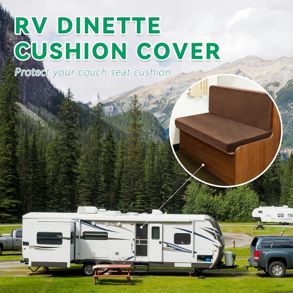 RV Dinette Cushion Covers Set of 4, Stretch Leather-Look Camper Cushion Slipcovers for Travel Trailer Couch & Booth Seat, 1 Backrest + 1 Bench Cover, Beige Brown Coffee