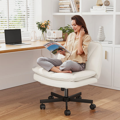 27" W Criss Cross Chair With Wheels, Cross Legged Office Chair, Comfy Vanity Chairs With Wheels And Back, Swivel Armless Office Chairs, 2-Layer Cushion, Height Adjustable, Home Office