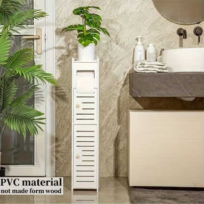 PVC Double Door Bathroom Storage Cabinet Floor Standing White, Thickened Waterproof Freestanding Organizer for Toilet Paper, Shampoo & Toiletries