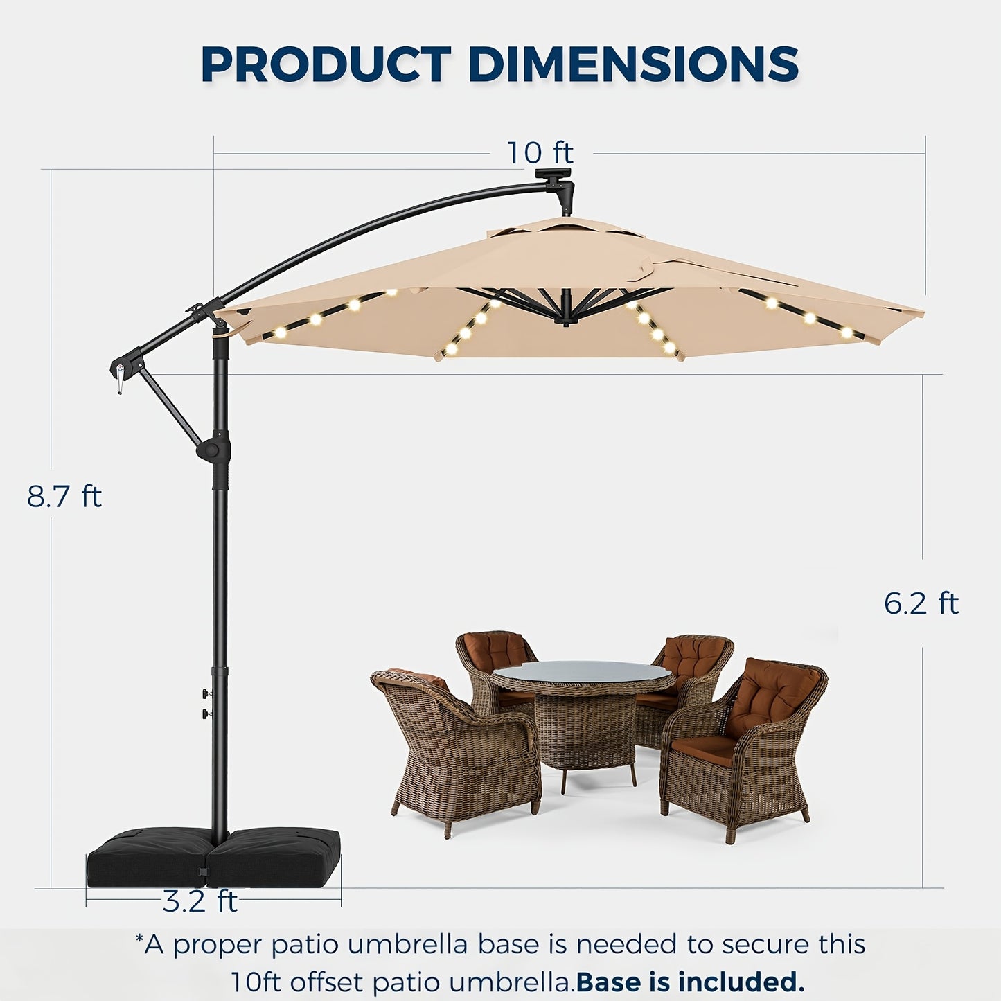 360 Degree Rotation 10Ft Solar Patio Umbrella with Base Included, Offset Cantilever Outdoor Umbrella with 32 LED Lights, Offering UPF50+ UV Protection, 8 Sturdy Ribs, for Outdoor, Pool, Deck And Garden