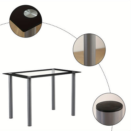Easy Rectangular Dining Table, Black Edging Clear Glass Small Dining Table, 4-Seater Dining Table Composed of Stainless Steel Cylindrical Legs And Tempered Glass (Chairs Not Included)