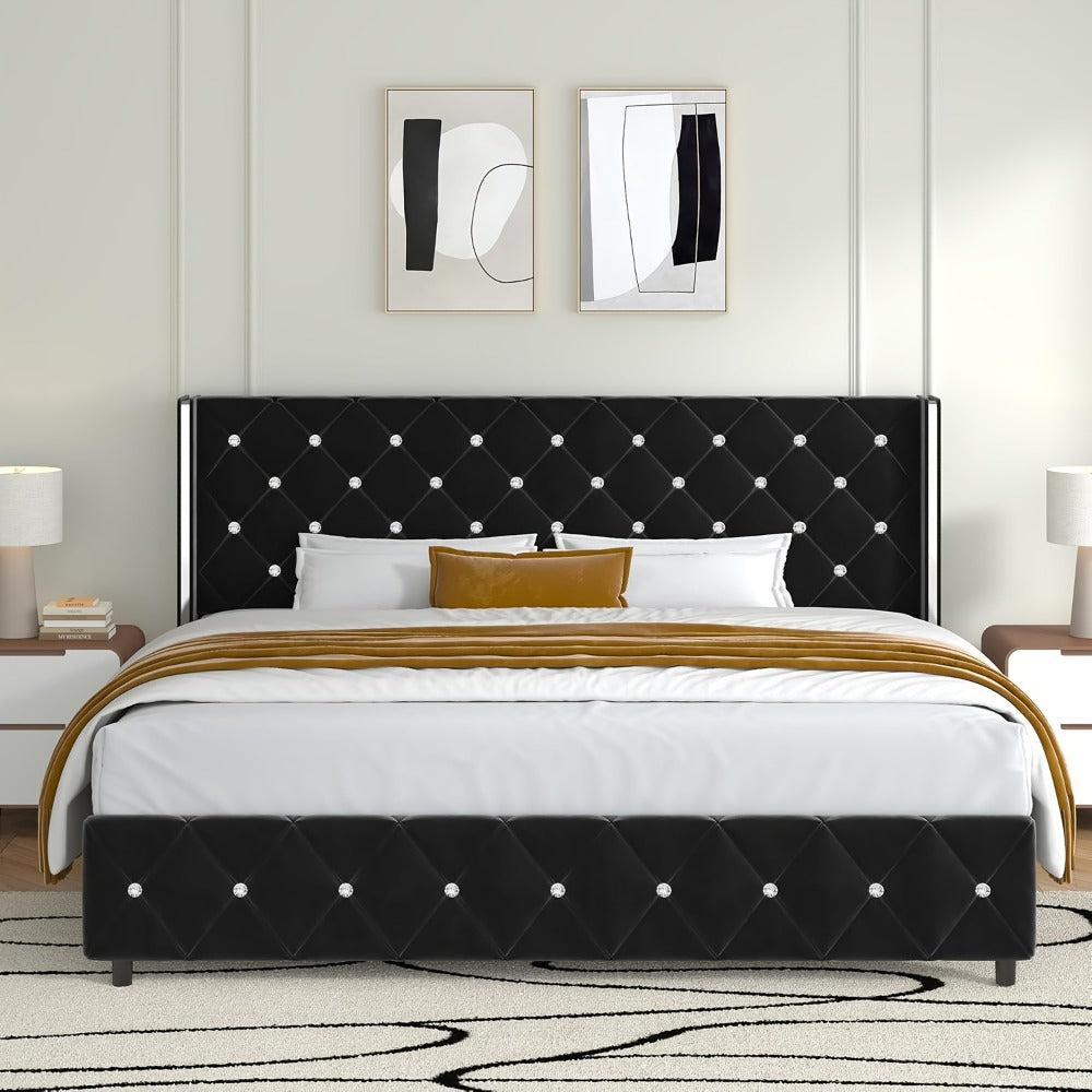 Diamond Tufted Bed Frame with Wingback Headboard & Silvery Side Wings – Upholstered, No Box Spring, Twin Full Queen King, 6 Colors