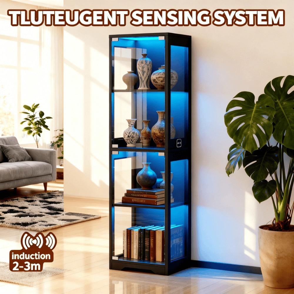 4-Tier Glass Display Cabinet with 3 LED Lights & Motion Sensor – Single Door Curio Cabinet for Tableware, Wine & Collectibles in Dining Room & Living Room