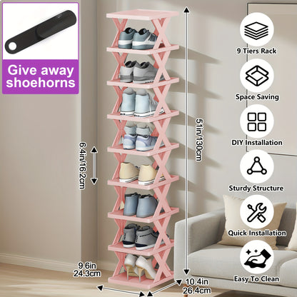 Stackable Shoe Rack 6 or 9 Tier Plastic Vertical Shoe Organizer, Space Saving Shoe Storage Shelf for Entryway Bedroom Hallway Dorm, 10 Color Options