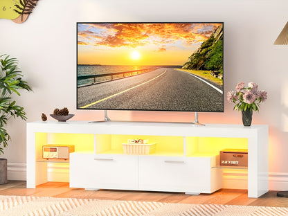 71" High Gloss White TV Stand with LED Lights for 55/65/75/80 Inch TVs, Gaming Entertainment Center with Cabinet for PS5, Modern Media Console Table with Glass Shelves for Living Room, Game Room, Bedroom