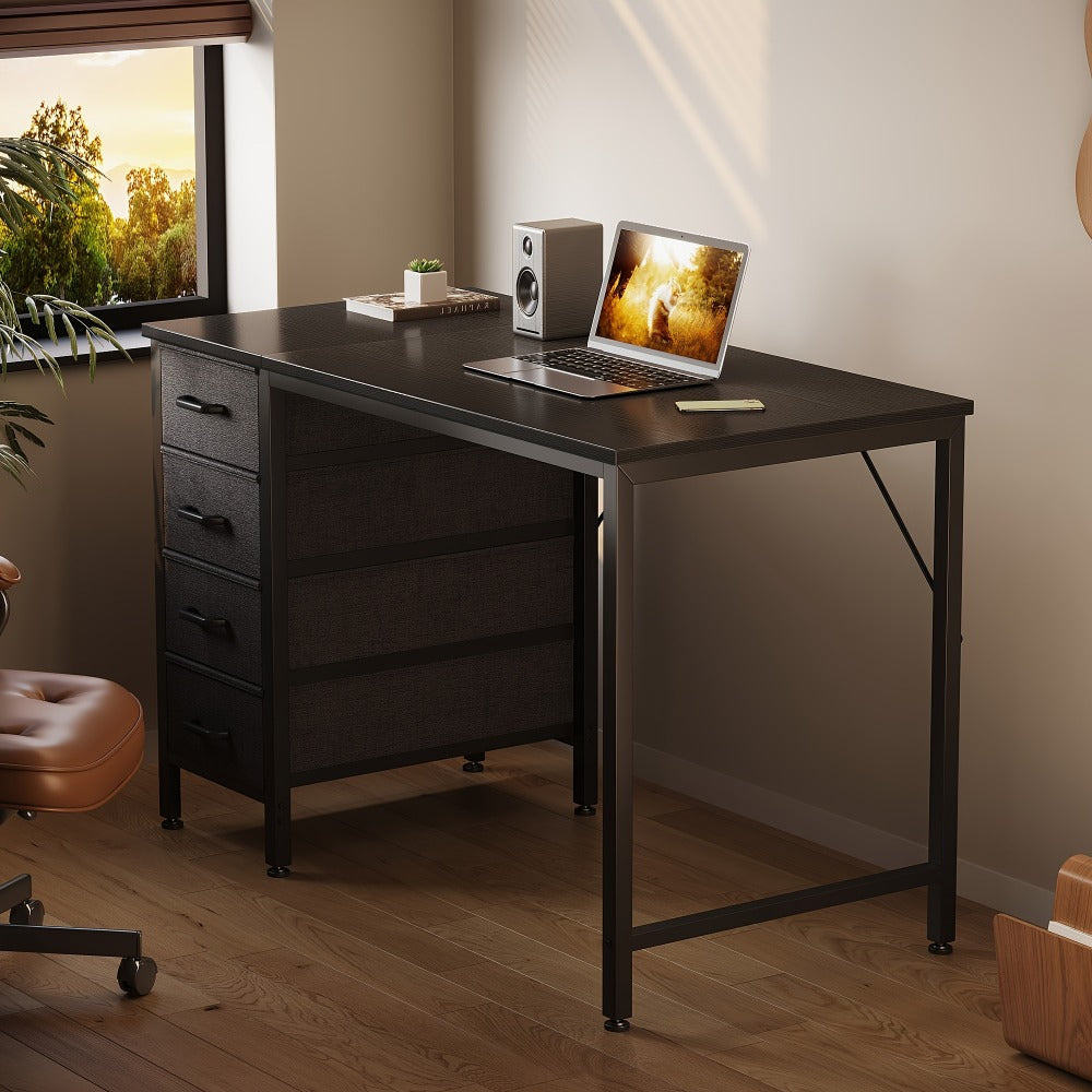 40" Small Desk with 4 Fabric Drawers – Reversible Study Table for Students, Compact Work Desk for Bedroom, Dorm & Small Spaces, White or Black