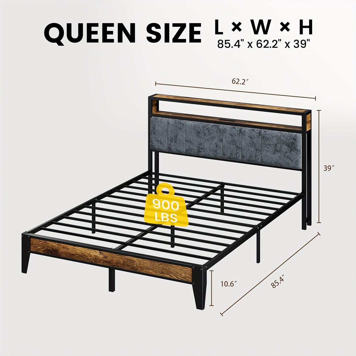 Metal Bed Frame with Headboard, Storage Shelves, LED Lights And Type-C Charging