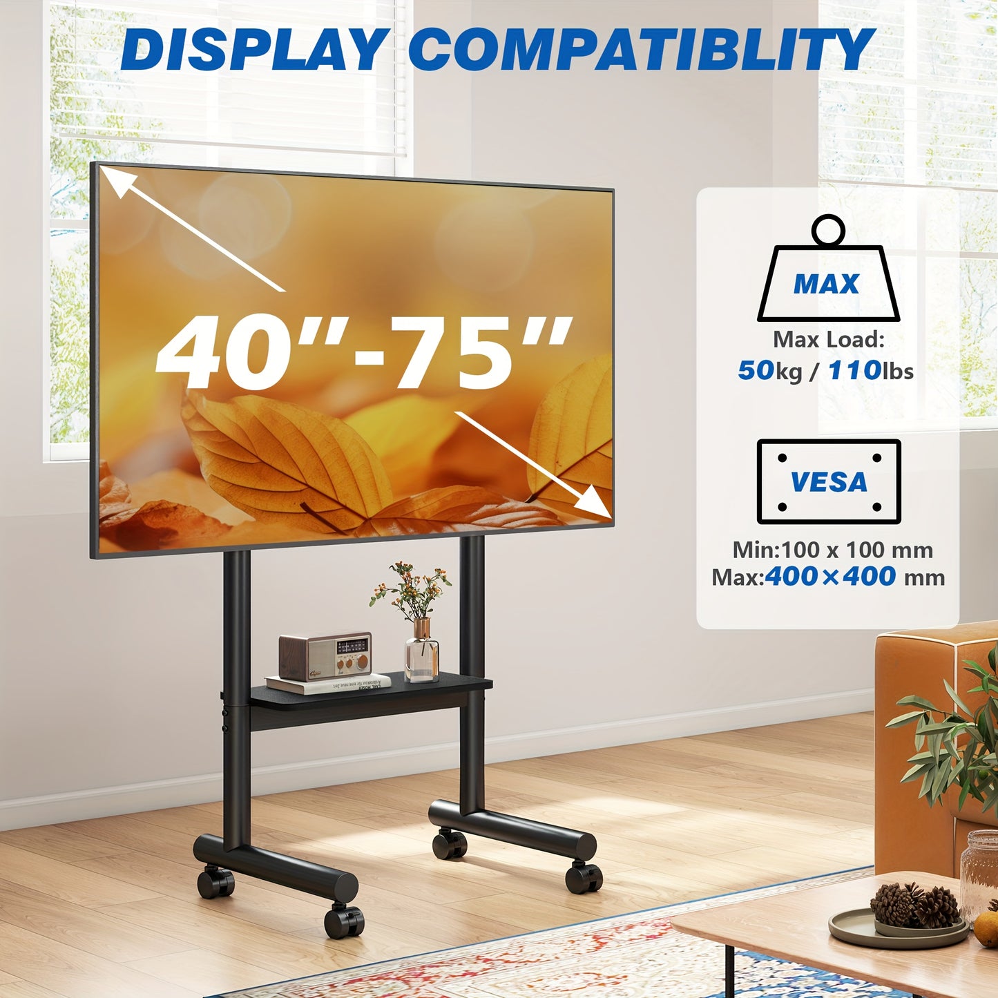 Universal Mobile TV Stand: Height-Adjustable Rolling Cart For 40-75 Inch TVs Up To 110lbs With Storage Shelf, Max VESA 400x400mm For Indoor/Outdoor Use.C
