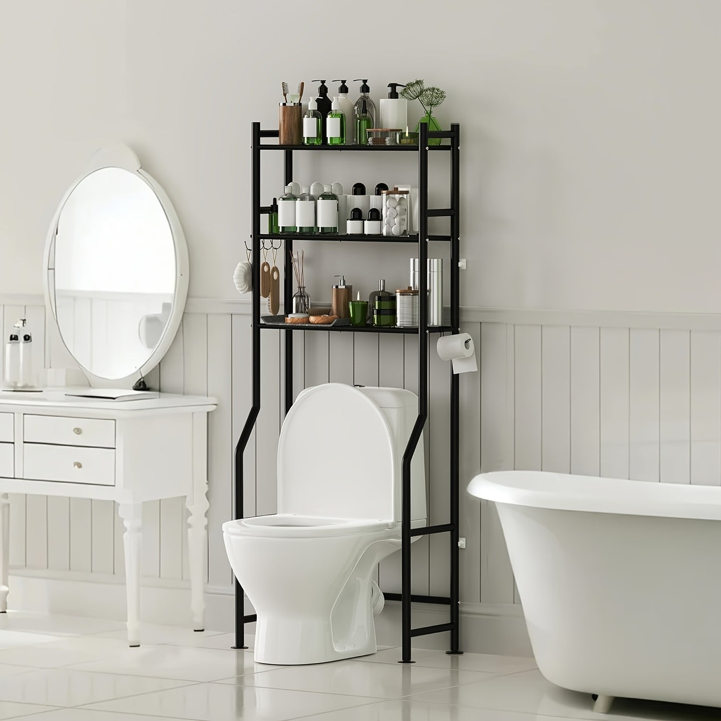 Three-Tier Storage Shelf Designed to Fit Over The Toilet, This Metal Organizer Helps Save Space in Bathrooms And Includes Four Hooks. It Can Also Be Used in Kitchens And Laundry Rooms, Providing a Freestanding Solution Without The Need for Drilling