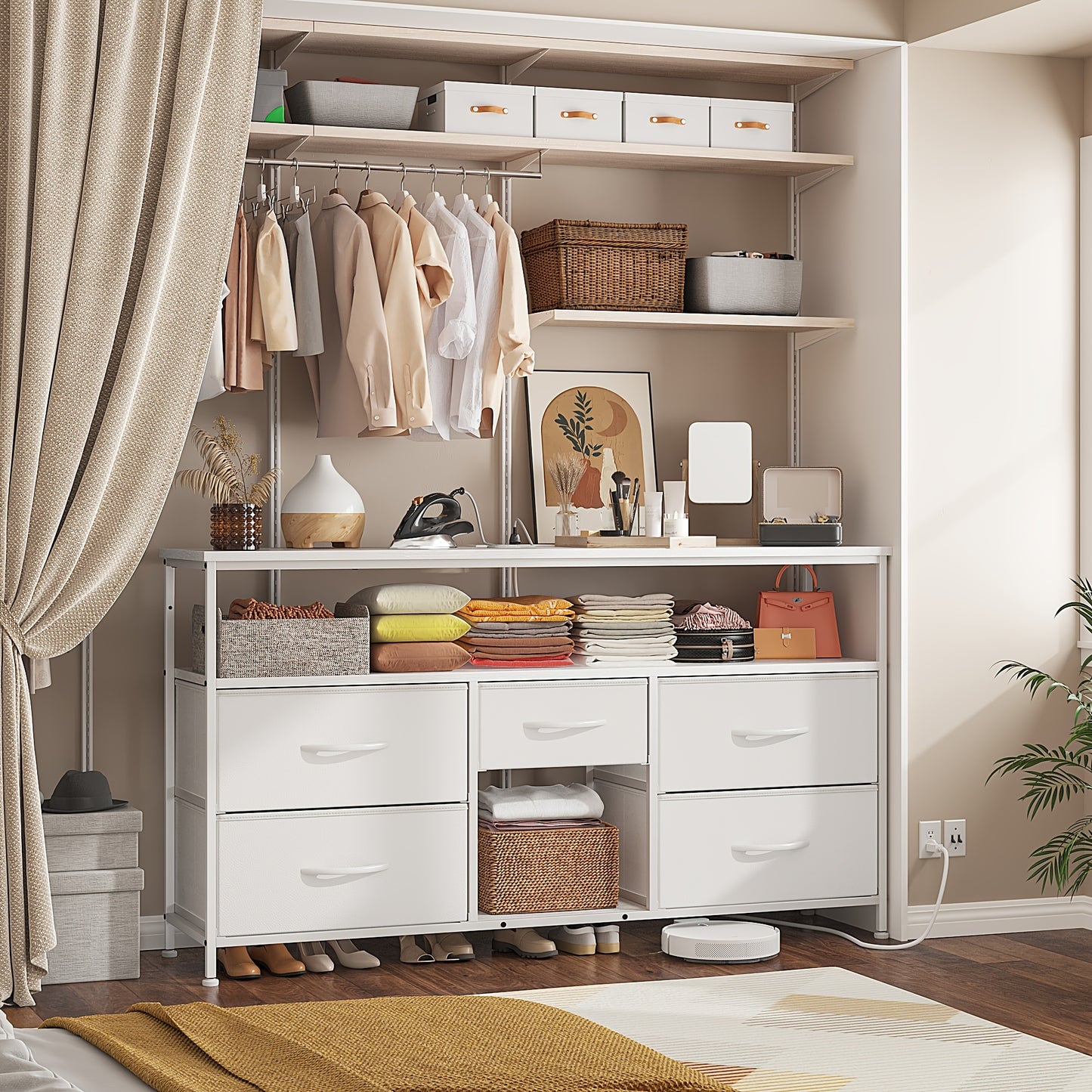 TV Stand Dresser With 5 Drawers, TV Stands Entertainment Center For 50 Inch Television, Media Console Table With Power Outlets And LED Lights, Office Lockers, Open Shelf, Living Room
