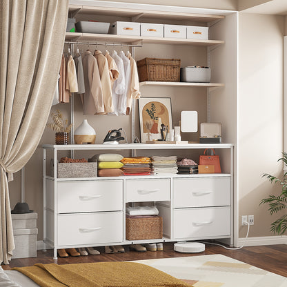 TV Stand Dresser With 5 Drawers, TV Stands Entertainment Center For 50 Inch Television, Media Console Table With Power Outlets And LED Lights, Office Lockers, Open Shelf, Living Room