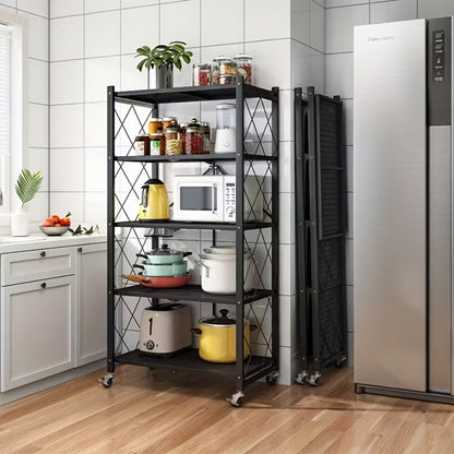 Heavy-Duty Foldable Storage Shelf with Wheels – 3, 4 or 5 Tier Black Metal Shelving Unit, No Assembly Required, Space-Saving Rack for Living Room, Kitchen, Garage & Office