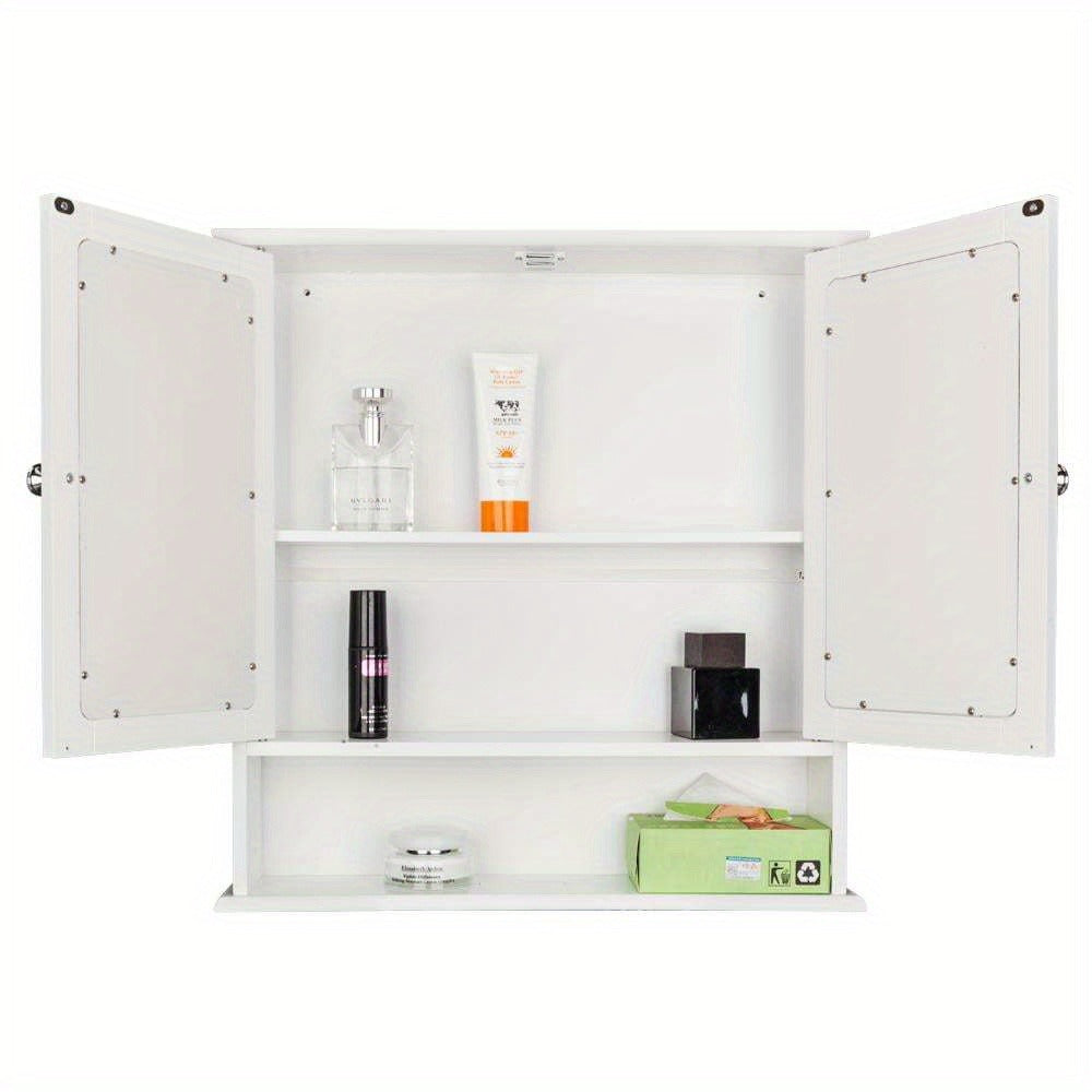 Modern White Metal Wall-Mounted Bathroom Storage Cabinet with 2 Mirror Doors & Adjustable Shelves - Space-Saving Medicine Organizer for Kitchen, Laundry Room, Hotels - Easy Assembly, No Electrical Needed, Narrow Bathroom Storage Cabinet, Contemporary Desi