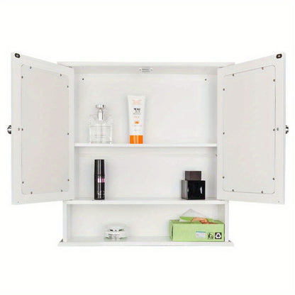 Modern White Metal Wall-Mounted Bathroom Storage Cabinet with 2 Mirror Doors & Adjustable Shelves - Space-Saving Medicine Organizer for Kitchen, Laundry Room, Hotels - Easy Assembly, No Electrical Needed, Narrow Bathroom Storage Cabinet, Contemporary Desi