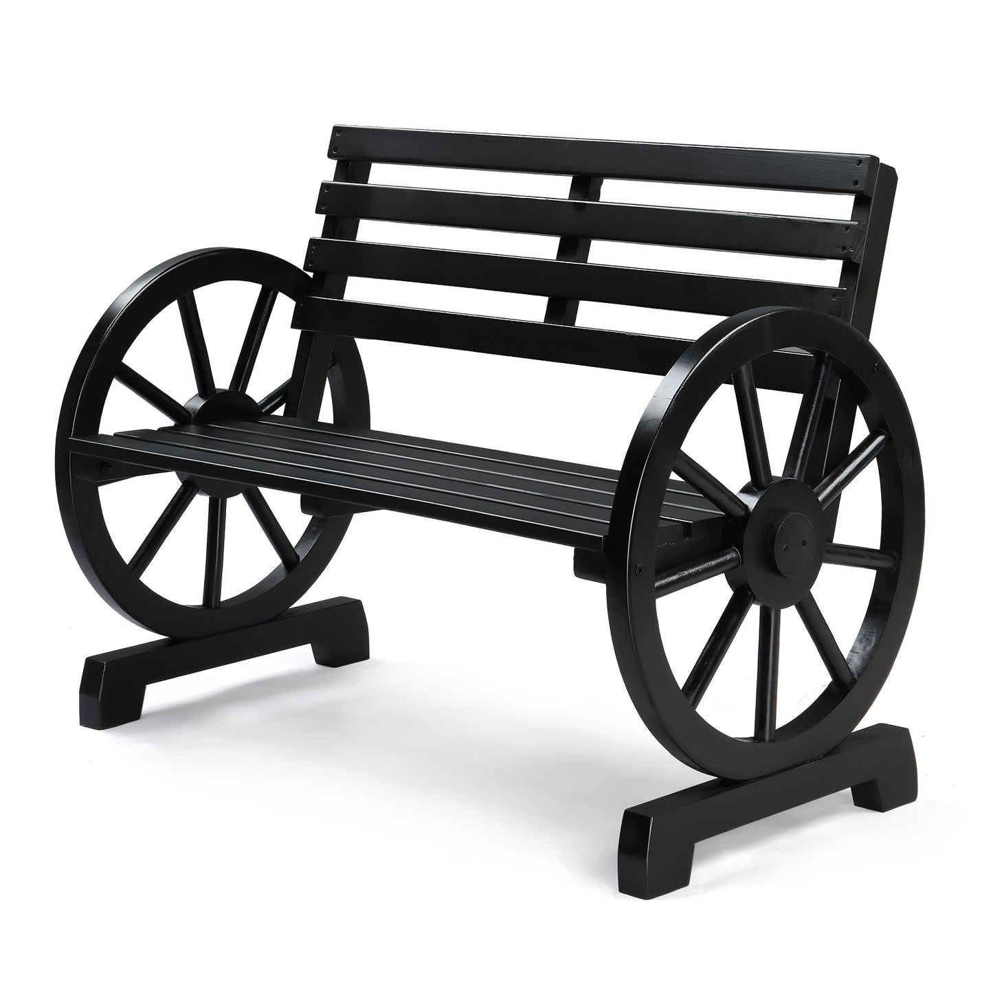 2-Person Outdoor Wooden Wagon Wheel Bench with Slatted Seat And Backrest Brown Suitable for Patio Outdoor, Garden, Poolside, Family Gathering, Outdoor Camping, Perfect Christmas Gift Men's Gift