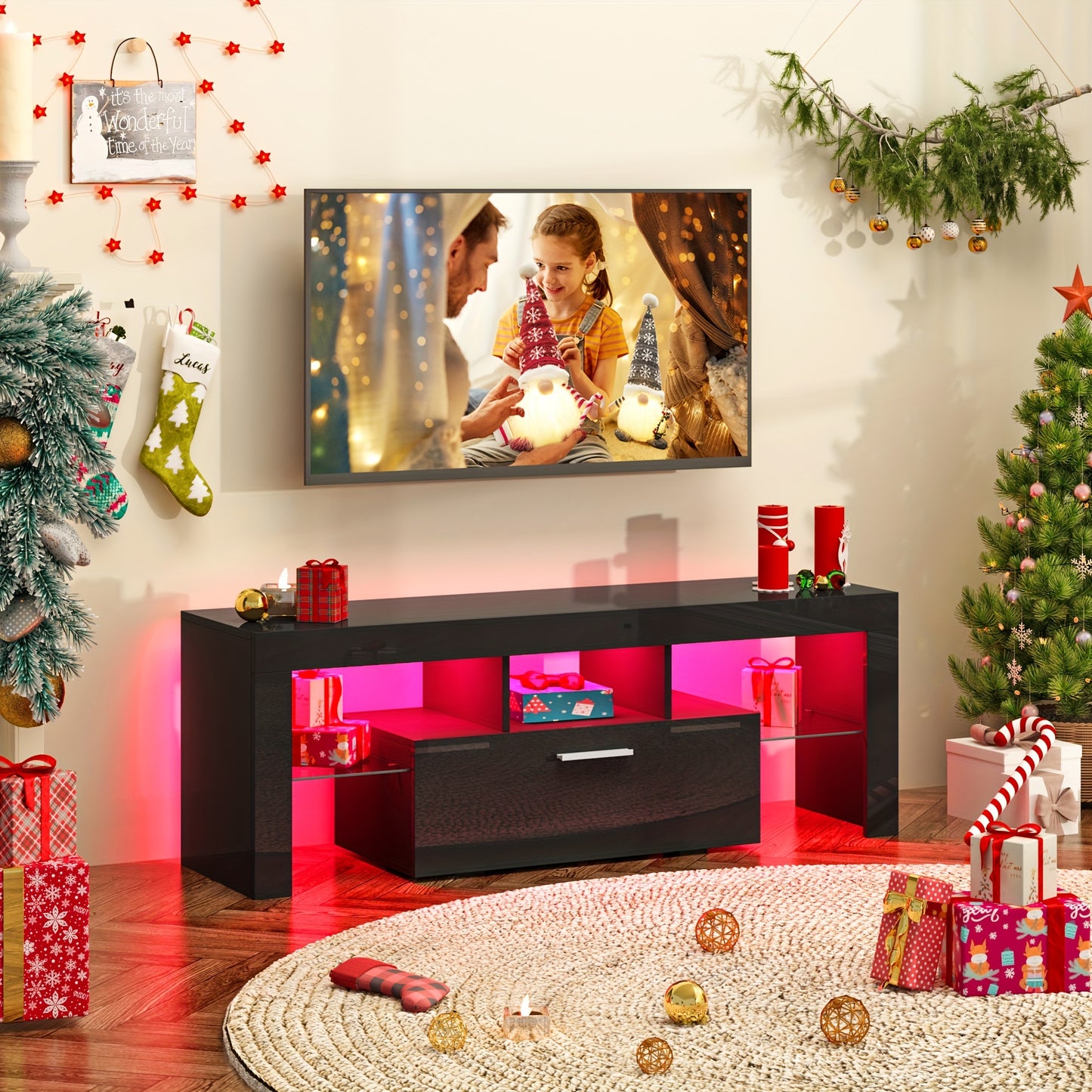 Contemporary LED TV Stand Measuring 63''/71'' Suitable for 55/65/75/80 Inch Televisions, Featuring a High Gloss End. This Media Console Table Serves As an Entertainment Center with Storage Drawers, Perfect for Your Living Room, Game Room