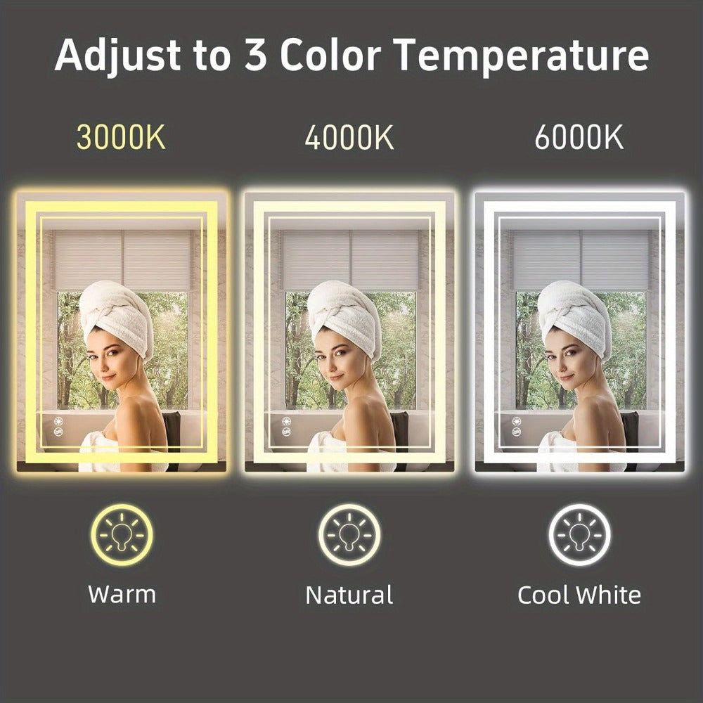 LED Bathroom Mirror with Anti-Fog Front & Backlit Dimmable 3 Color Lighting Wall Mounted Vanity Mirror Stepless Brightness Horizontal Vertical 24x36 32x40 36x28 40x28 Inch